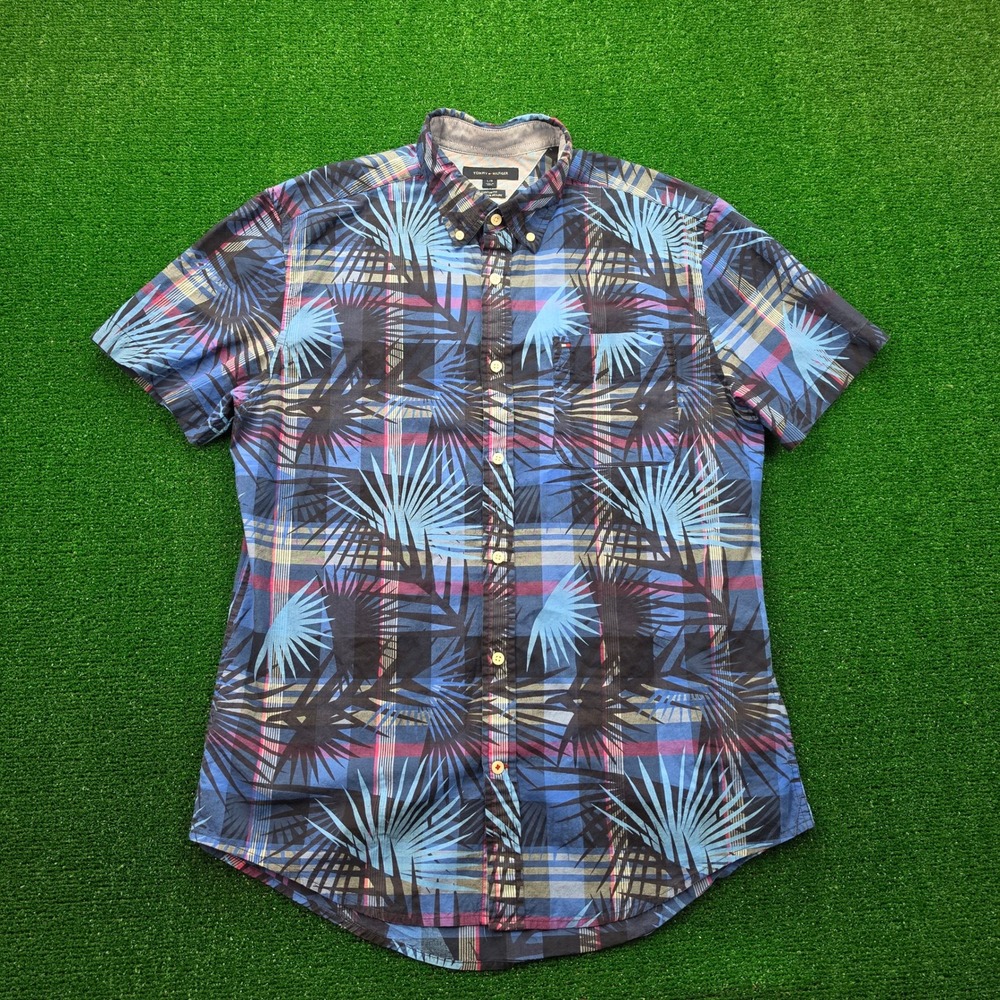 Tommy Hilfiger Shirt Mens Large Blue Black Plaid Button Down Tropical Custom Fit